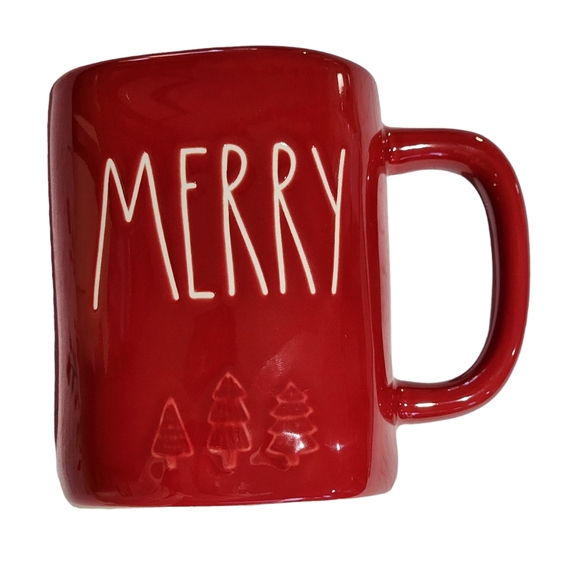 Rae Dunn MERRY Red Ceramic Coffee Mug 16oz Embossed Pine‎ Trees at The Bottom - Picture 1 of 14
